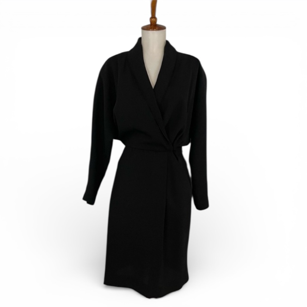 Vintage Black‎ Dress Women’s 10 80s 90s Long Sleeve Crossover V-Neck Sheath